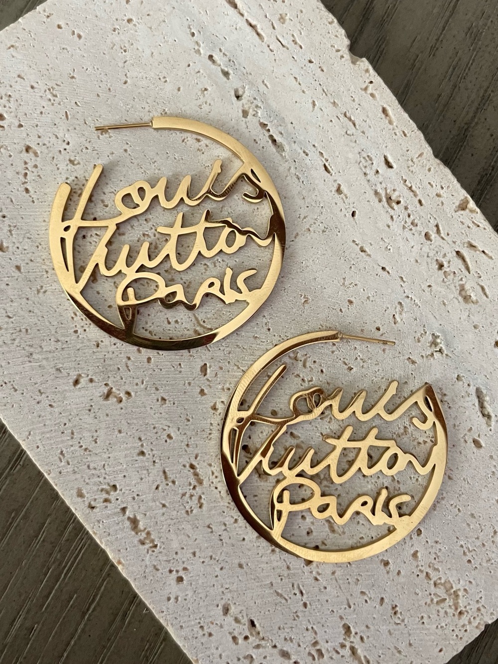 Louis Vuitton Gold Script Hoop Earrings